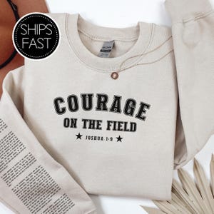 Joshua 1:9 Game Day Gift for Her or Him Christian Sweatshirt Custom Bible Verse Sleeve Courage On The Field Personalised Sports Gift Idea