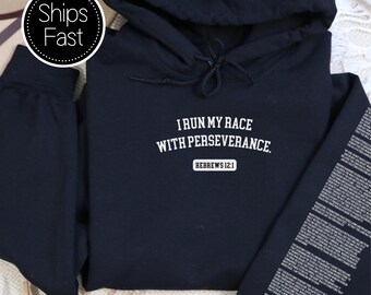 Hebrews 12:1 Coaches Gift Christian Hoodie Custom Bible Verse Sleeve With Perseverance Personalised Mentor Gift Idea