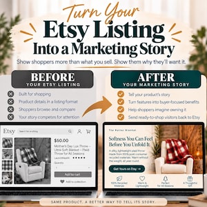 May include: An infographic titled Turn Your Etsy Listing Into a Marketing Story comparing a standard Etsy product page with a marketing-focused version. It displays two laptop screens showing a plaid blanket listing, with text lists detailing before and after strategies for product presentation.