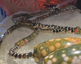Ocean Jasper on Golden Hematite and Ukanite Jasper 22” long Necklace