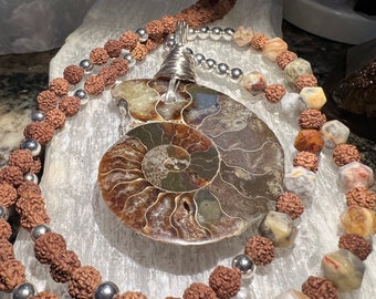 Ammonite in Silver Hematite, Crazylace and Rudraksha Necklace