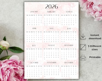 2026 Yearly Calendar | Minimalist Printable Year at a Glance | Wall Calendar | Digital Download PDF (A4, US Letter, A5)