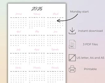May include: A 2026 calendar with a white background and pink accents. The calendar is organized by month, with each month's name in a cursive font. The text "2026" is at the top. Additional text includes "Monday start", "Instant download", "3 PDF files", "US letter, A4 and A5", and "Printable".