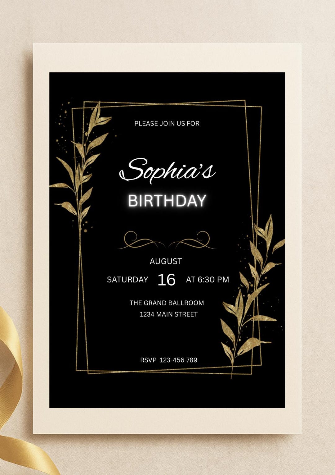 Black & Gold Birthday Invitation Template | Elegant Editable Canva ...