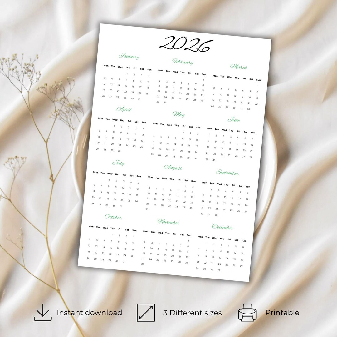 Kalender 2026 zum Ausdrucken | Minimalistische einseitige Wandkunst