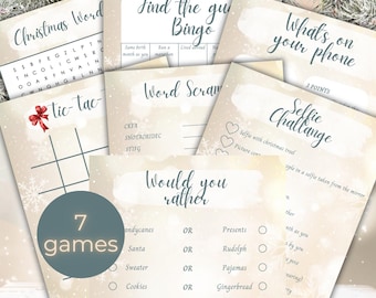 Op de afbeelding: Een verzameling van zeven kerstspellen gedrukt op crèmekleurig papier. Spellen zijn onder meer een woordzoeker, bingo, woordscramble, boter-kaas-en-eieren en een "Would You Rather"-spel. De tekst "7 games" staat in een cirkel. Sneeuwvlokken en een rode strik versieren de kaarten.