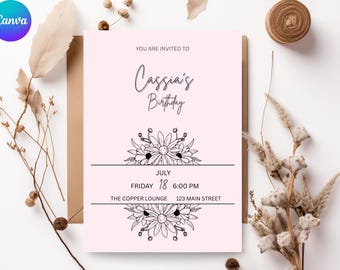 Editable Floral Birthday Invitation | Pink Minimalist Birthday Invite | Canva Template for Women Party