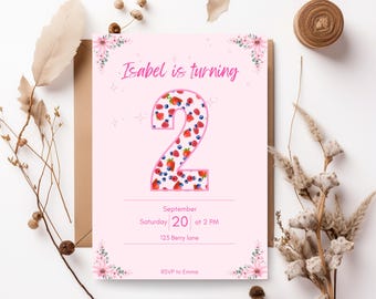 Invitación de cumpleaños número 2 con temática de bayas / Plantilla de lienzo floral rosa (Descarga digital)