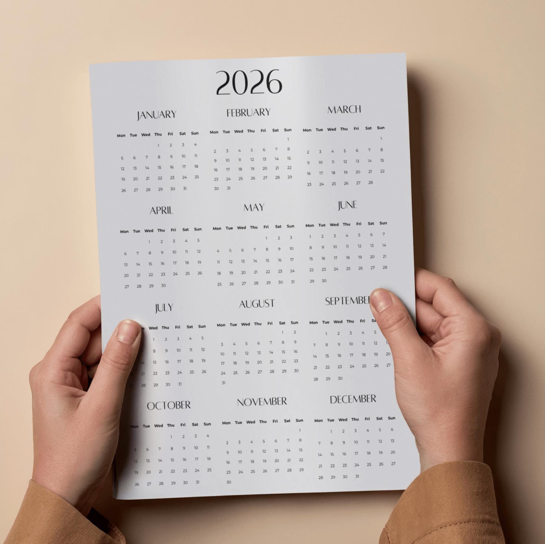 2026 Yearly Calendar | Minimalist Printable Year at a Glance | Black ...