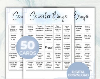 Könnte beinhalten: Drei "Coworker Bingo" Karten mit blauem und weißem Design. Jede Karte hat ein Raster mit Sätzen wie "Vergisst ständig Passwörter" und "Bleibt oft lange bei der Arbeit". Eine Kreisgrafik zeigt "50 KARTEN" und "DIGITALER DOWNLOAD".