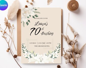 70th Birthday Invitation | White Floral Birthday Party Invite | Editable Canva Template | Digital Download