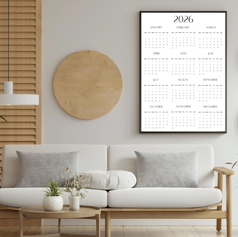 2026 Yearly Calendar | Minimalist Printable Year at a Glance | Black ...