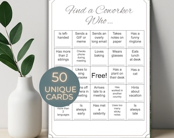 Könnte beinhalten: Ein weißes Papierspiel mit dem Titel "Find a Coworker Who..." mit verschiedenen Aufforderungen. Ein türkisfarbener Kreis liest "50 UNIQUE CARDS". Eine weiße Vase mit einer grünen Pflanze befindet sich links.