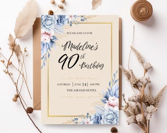 90th Birthday Invitation | Floral Party Invite | Editable Canva Template