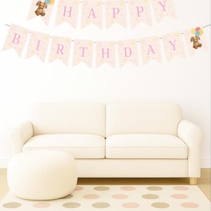 Bunny Birthday Banner Printable – Editable Pink Happy Birthday Sign for Girls – Floral Party Decoration – Matching Invitation in Shop