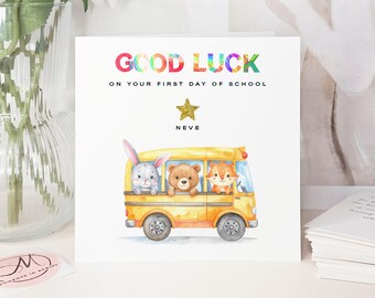 Luxury Handmade Personalised First Day of School Card: Yellow Bus Illustration, Glitter