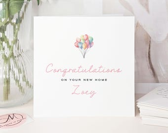 Luxury Personalised New Home Card For Friend, Custom Name, Colourful Balloons