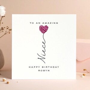 Carte d'anniversaire personnalisée scintillante pour nièce, carte d'anniversaire coeur rose pailleté pour nièce, carte d'anniversaire délicate, carte de nièce de luxe, carte de visite