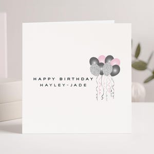 Luxury Personalised Glitter Balloon Birthday Card: Handmade Pink & Silver