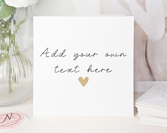 Luxury Personalised Gold Glitter Heart Card: Custom Text, Handmade, Simple Design, Fancy Font