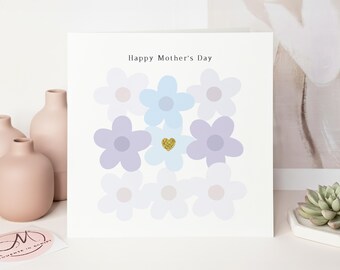 Happy Mother's Day Floral Card, Gold Glitter Heart