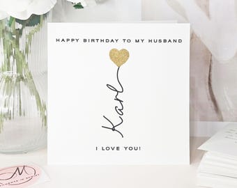 Luxury Personalised Gold Heart Birthday Card for Husband: Handmade Glitter Design