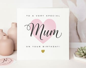 Pink Heart Mum Birthday Card, Luxury Handmade Personalised Birthday Card for Mum, Glitter Gold Heart