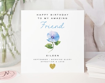 Luxury Handmade Morning Glory Birthday Card: September Birth Flower, Gold Glitter Heart