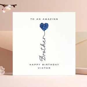 Carte d'anniversaire personnalisée scintillante pour frère, carte d'anniversaire coeur bleu pailleté pour frère, carte d'anniversaire délicate, carte frère de luxe