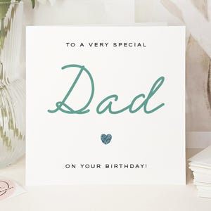 Luxury Handmade Glitter Birthday Card for Dad: Teal Script, Green Heart Accent