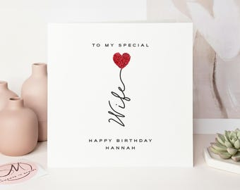 Luxury Handmade Personalised Red Glitter Heart Birthday Card for Wife