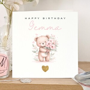 Carte d'anniversaire personnalisée pour un ami, carte d'anniversaire scintillante pour un ami, jolie carte d'ours en peluche pour un ami, carte d'anniversaire florale rose pour cousin