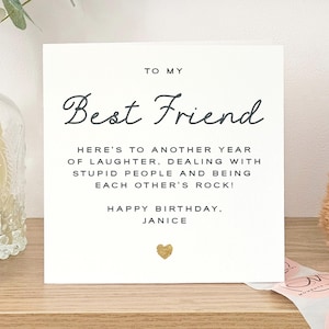 Carte d'anniversaire personnalisée prénom, joyeux anniversaire à une amie pour elle, cadeau meilleure amie drôle et unique avec un coeur scintillant d'or