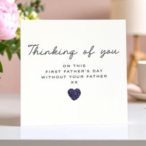 Carte de sympathie pour la fête des pères, carte de fête des pères en pensant à vous d'abord sans papa, carte de fête des pères souvenir de deuil, carte violette à paillettes