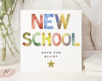 Luxury Personalised New School Card: Gold Glitter Star, Handmade, Colourful Watercolour Design