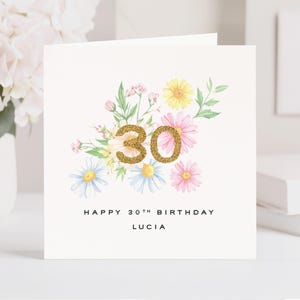 Personalised Floral 30th Birthday Card: Eco-Friendly Glitter, Handmade in UK