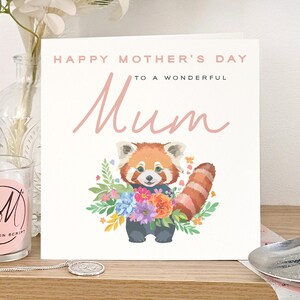 Carte fleurs fête des mères, panda roux mignon, carte heureuse fête des mères, carte pour la fête des mères, cartes fête des mères maman pour elle