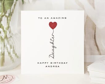 Luxury Handmade Personalised Red Glitter Heart Birthday Card for Daughter