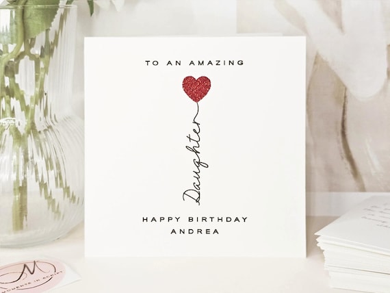 Luxury Handmade Personalised Red Glitter Heart Birthday Card for Daughter