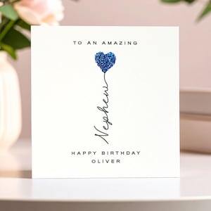 Carte d'anniversaire personnalisée scintillante pour neveu, carte d'anniversaire coeur bleu pailleté pour neveu, carte d'anniversaire délicate, carte de neveu de luxe