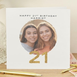 Carte d'anniversaire personnalisée dorée scintillante 21e, carte photo 21e, carte de luxe 21e anniversaire, carte spéciale 30e anniversaire paillettes d'or