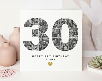 Luxury Handmade Personalised 30th Birthday Black & White Photo Card: Gold Glitter Keepsake, 17 Photo Collage