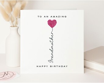 Luxury Personalised Pink Glitter Heart Birthday Card for Grandmother, Grandmother Birthday Card