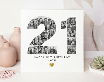 Luxury Handmade Personalised 21st Birthday Black & White Photo Card: Gold Glitter Keepsake