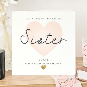 Luxury glitter heart personalised sister birthday card, Custom name birthday card for sister, Glitter gold sister birthday gift