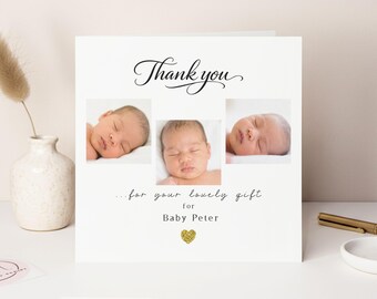 Personalised Thank You Cards New Baby, Custom Baby Photo Card, Gold Glitter Heart