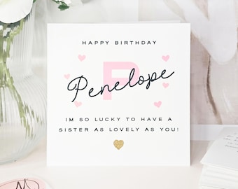 Luxury Personalised Sister Birthday Card - Pink & Gold Glitter, Heartfelt Poem