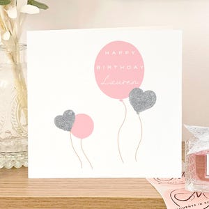 Carte d'anniversaire personnalisée faite main, carte d'anniversaire scintillante personnalisée, carte d'anniversaire rose et argent pailletée, carte de ballons scintillants