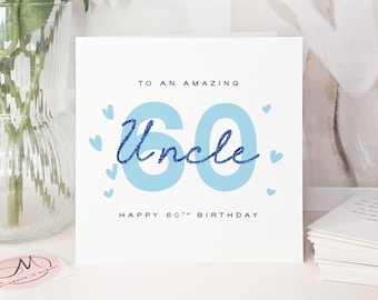 Luxury 60th Birthday Card for Uncle – Blue Design with Glitter Heart