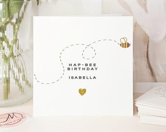 Luxury Handmade Personalised Name Bee Birthday Card For Friend, Gold Glitter Heart